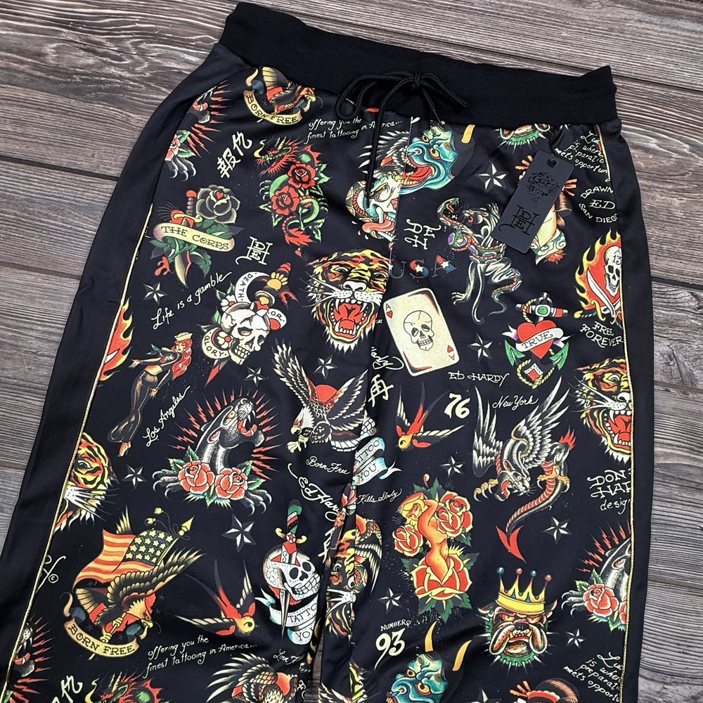 Ed Hardy Flashboard Track Pant Black Gold Embroidered Size Medium Tiger Skull‎ - Picture 6 of 13